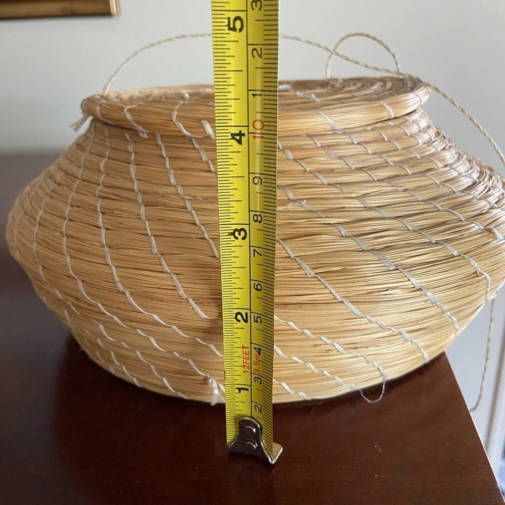 Vintage Coiled Grass Basket with Lid Primitive Rustic Native Tribal Squat Basket